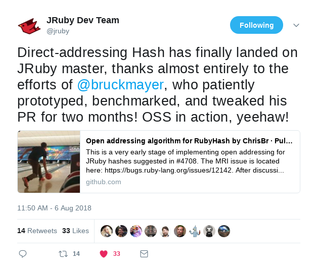 Tweet about merging open addressing into JRuby master